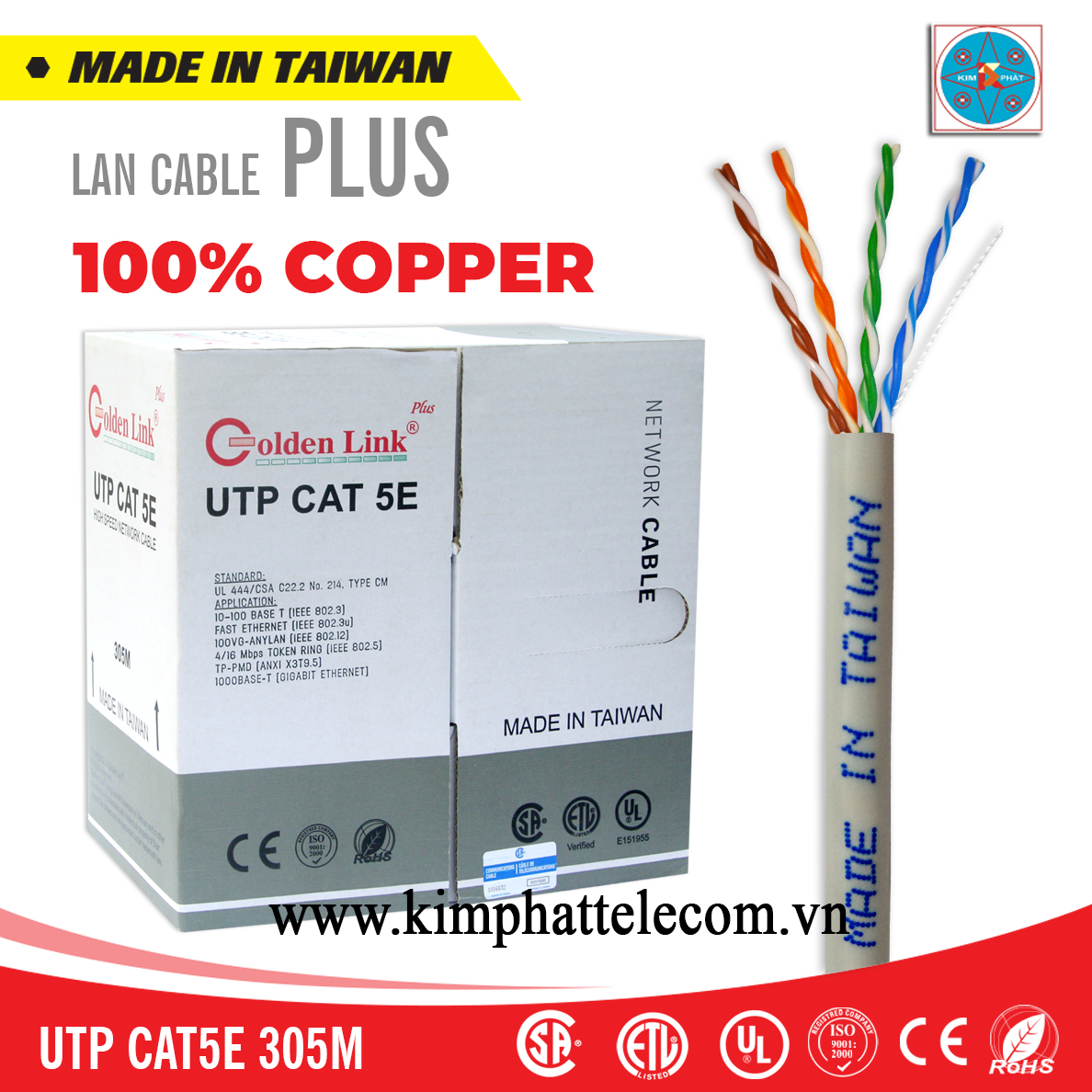 GOLDENLINK Category 6 UTP CMR, 305m, Xám (Đồng nguyên chất 100%)