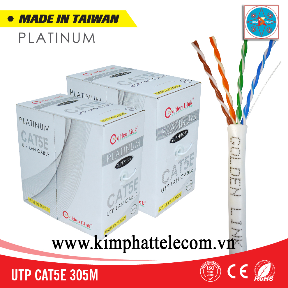 Dây cáp mạng GOLDEN LINK UTP CAT5e PLATINUM, PASS FLUKE TEST (Có 2 màu cam/ trắng) 